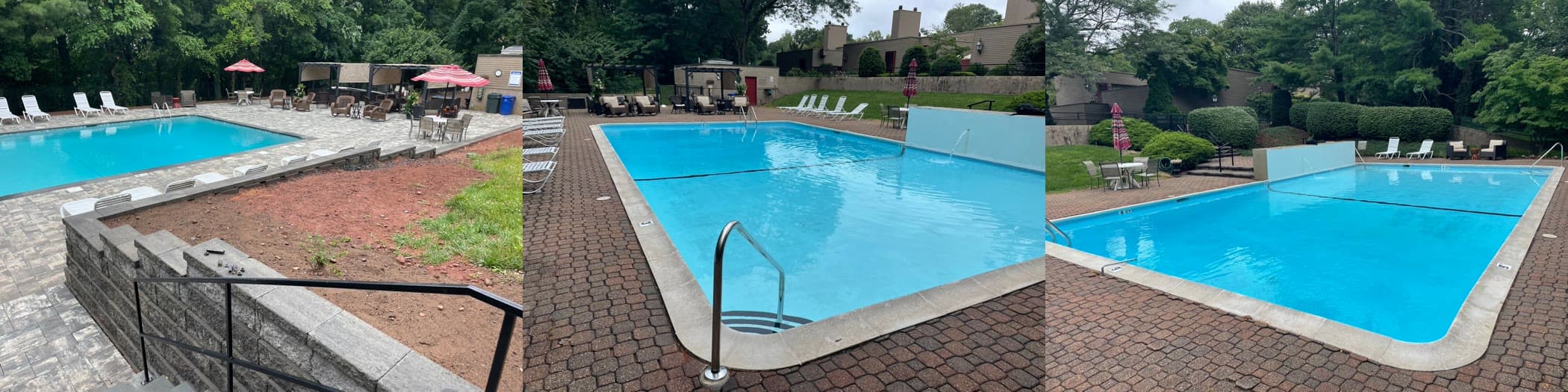 Community pool with brick herringbone patio, fountain wall, and condo buildings, three angles