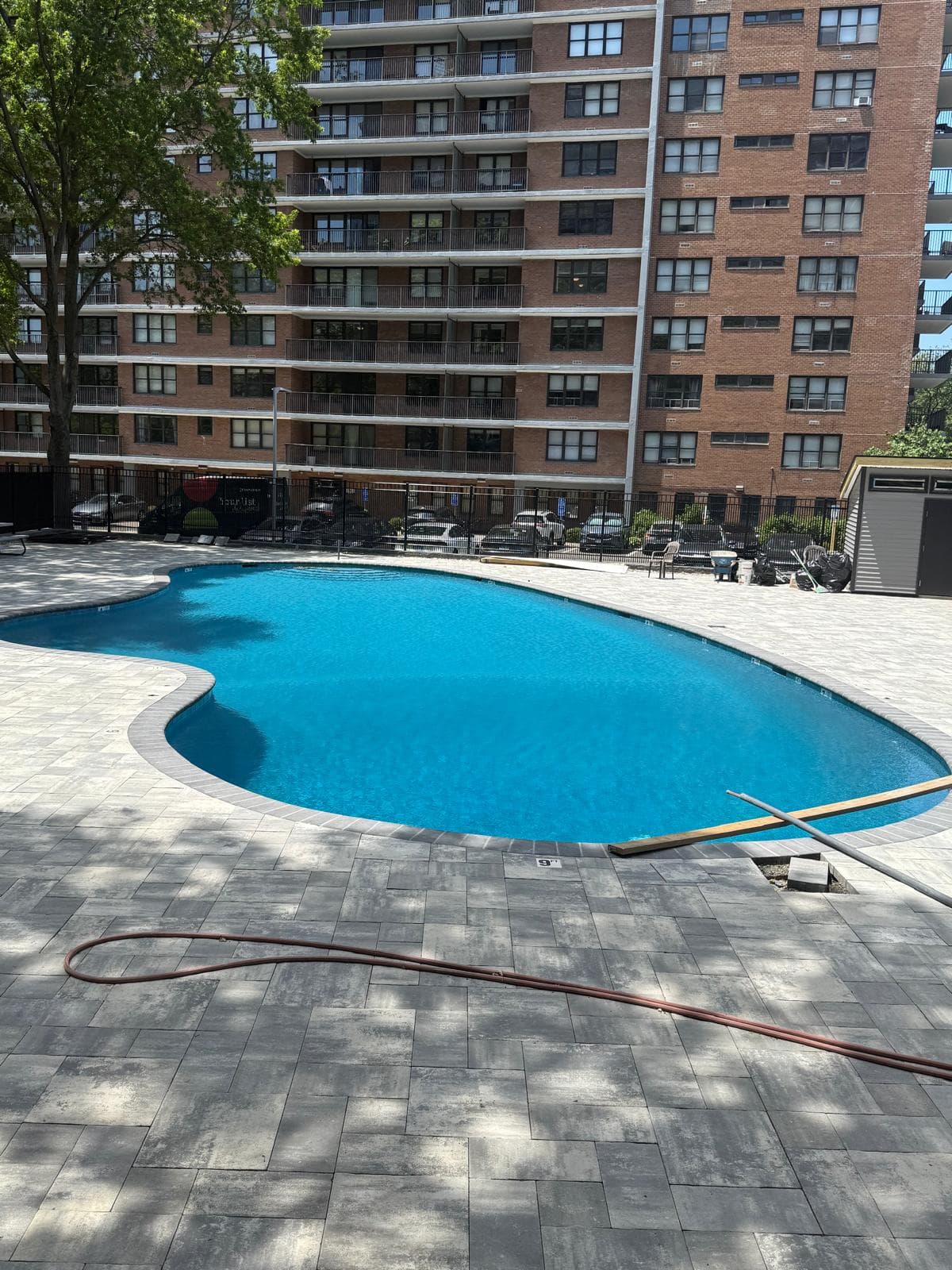 Free-form courtyard pool with new paver deck in front of a high-rise apartment building