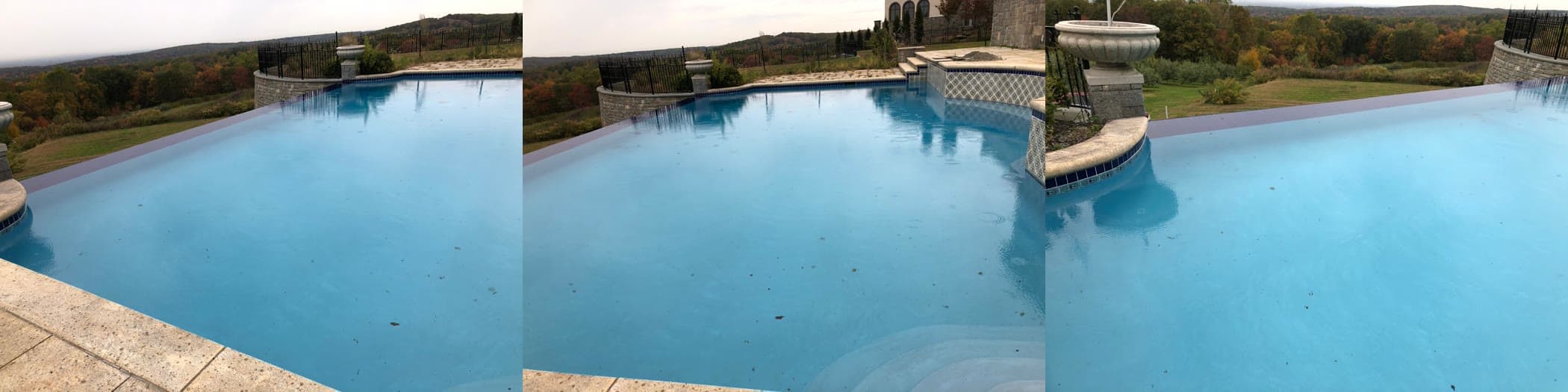 Luxury infinity-edge pool overlooking an autumn valley with mosaic tile accents, three angles
