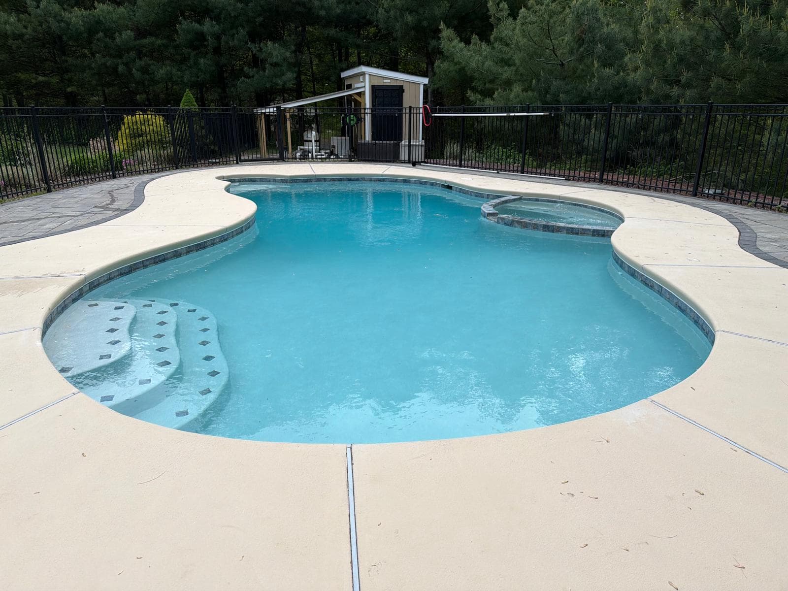 Finished kidney pool with raised spa, filled with water, surrounded by tan concrete decking