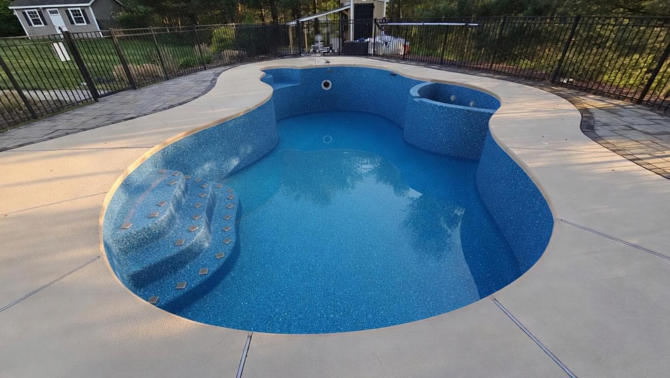 Empty kidney pool and raised spa with a freshly installed patterned vinyl liner, pre-water-fill