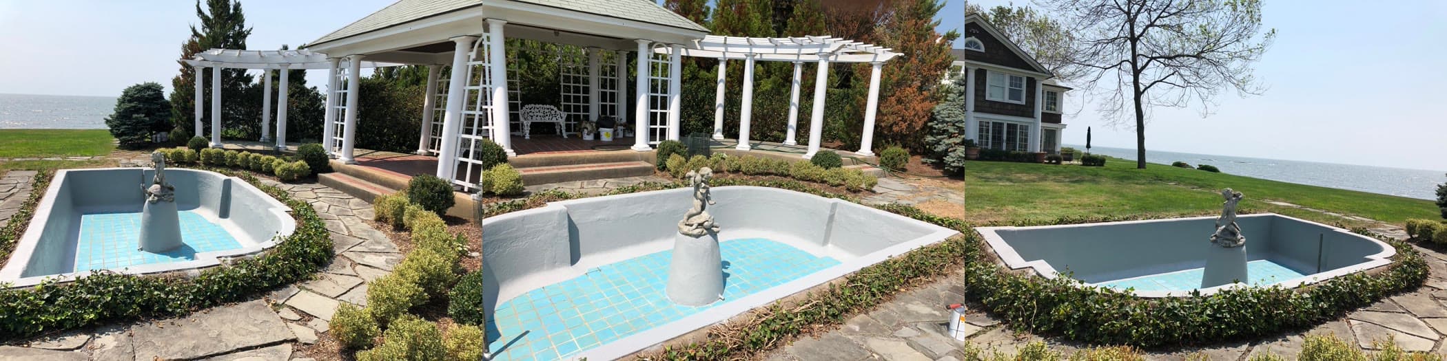 Ornamental fountain pool with cherub statue, white pergola, and ocean backdrop, three angles