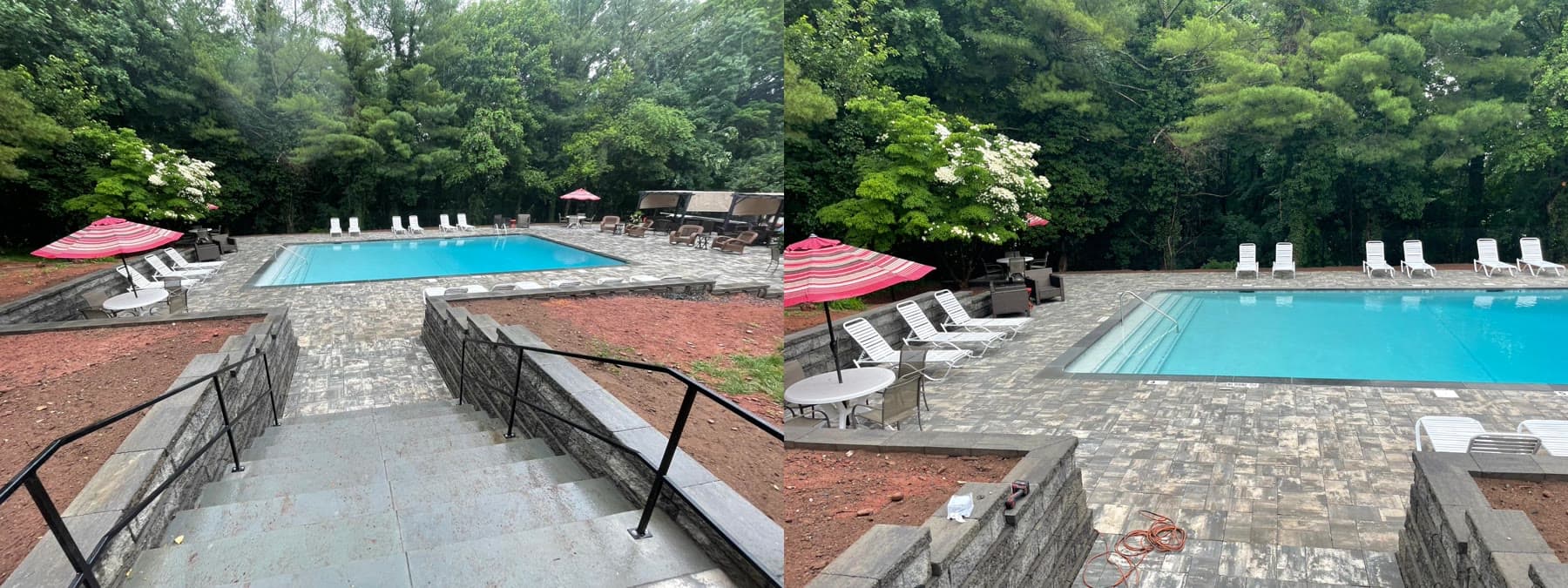 Rectangular turquoise pool with stone steps, black railing, and striped umbrella, two angles